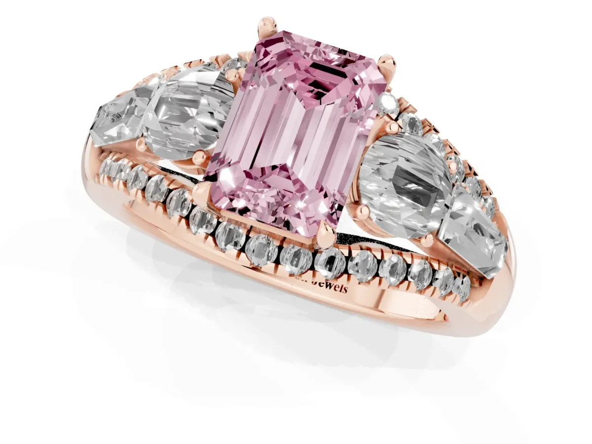 Fancy Pink Three-Stone Emerald Cut Diamond Engagement Ring with Pave Band and Prong Setting Rose gold