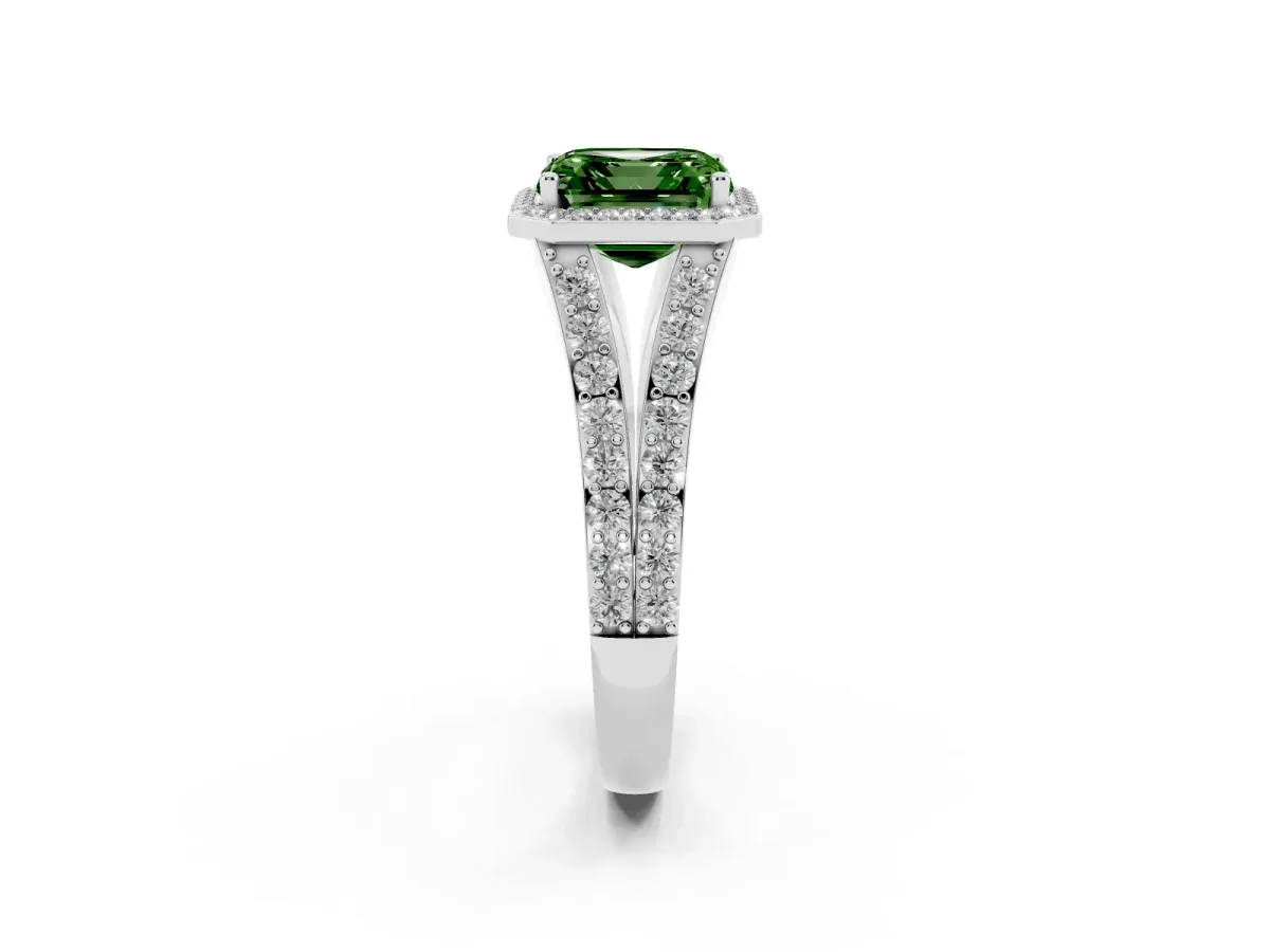 Fancy Green Asscher Cut Diamond Split Shank Halo Ring with Four-Prong Setting Platinum