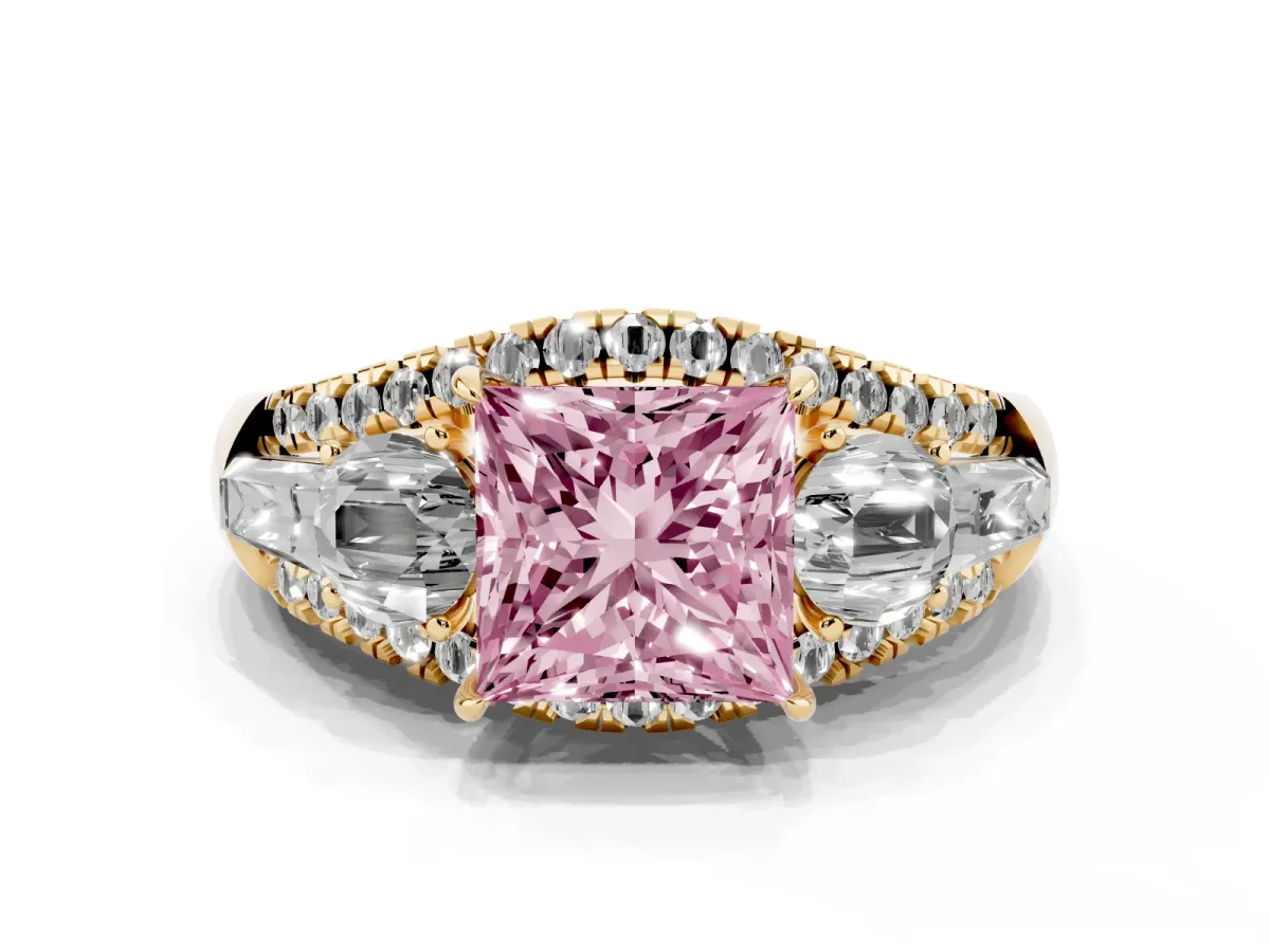 Fancy Pink Three-Stone Princess Cut Diamond Engagement Ring with Pave Band and Prong Setting Yellow gold