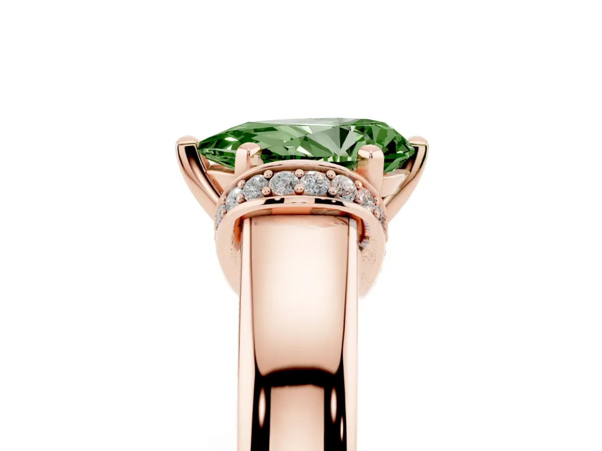 Fancy Green Pear Cut Solitaire Diamond Ring with Pave Band and Six-Prong Setting Rose gold