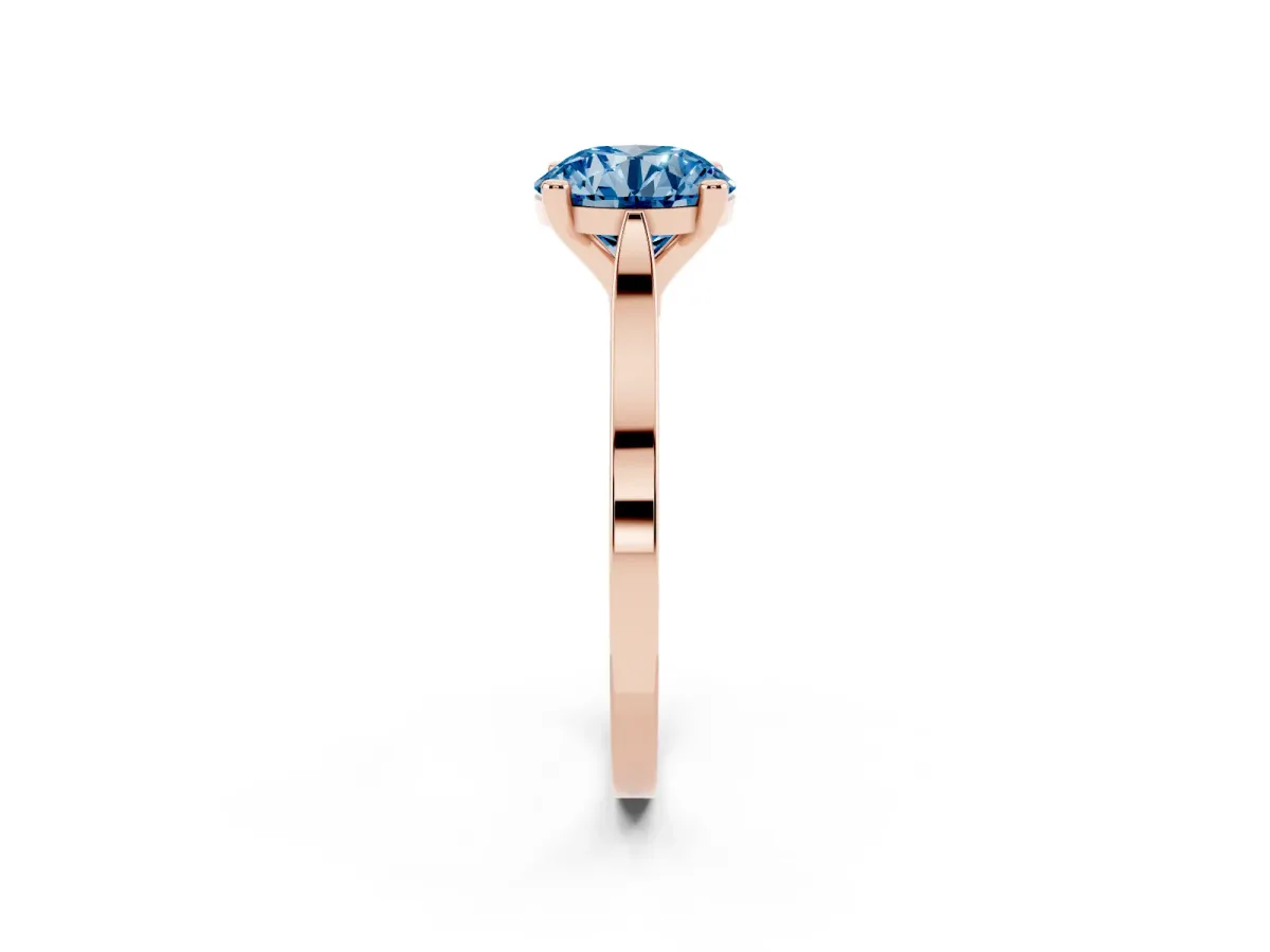 Fancy Blue Round Cut Solitaire Diamond Ring with Four-Prong Setting and Tapered Band Rose gold