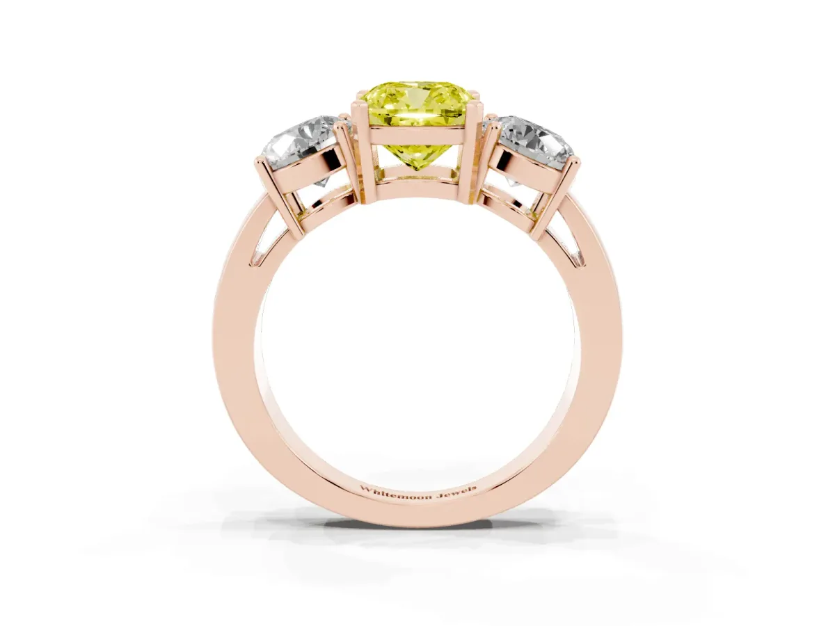 Fancy Yellow Three-Stone Cushion Cut Diamond Ring with Round Side Stones, Classic Band, and Four-Prong Setting Rose gold