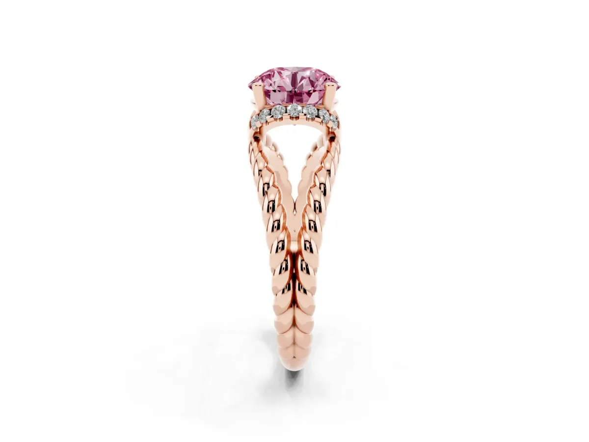 Fancy Pink Round Cut Halo Twisted Band Four-Prong Ring Rose gold