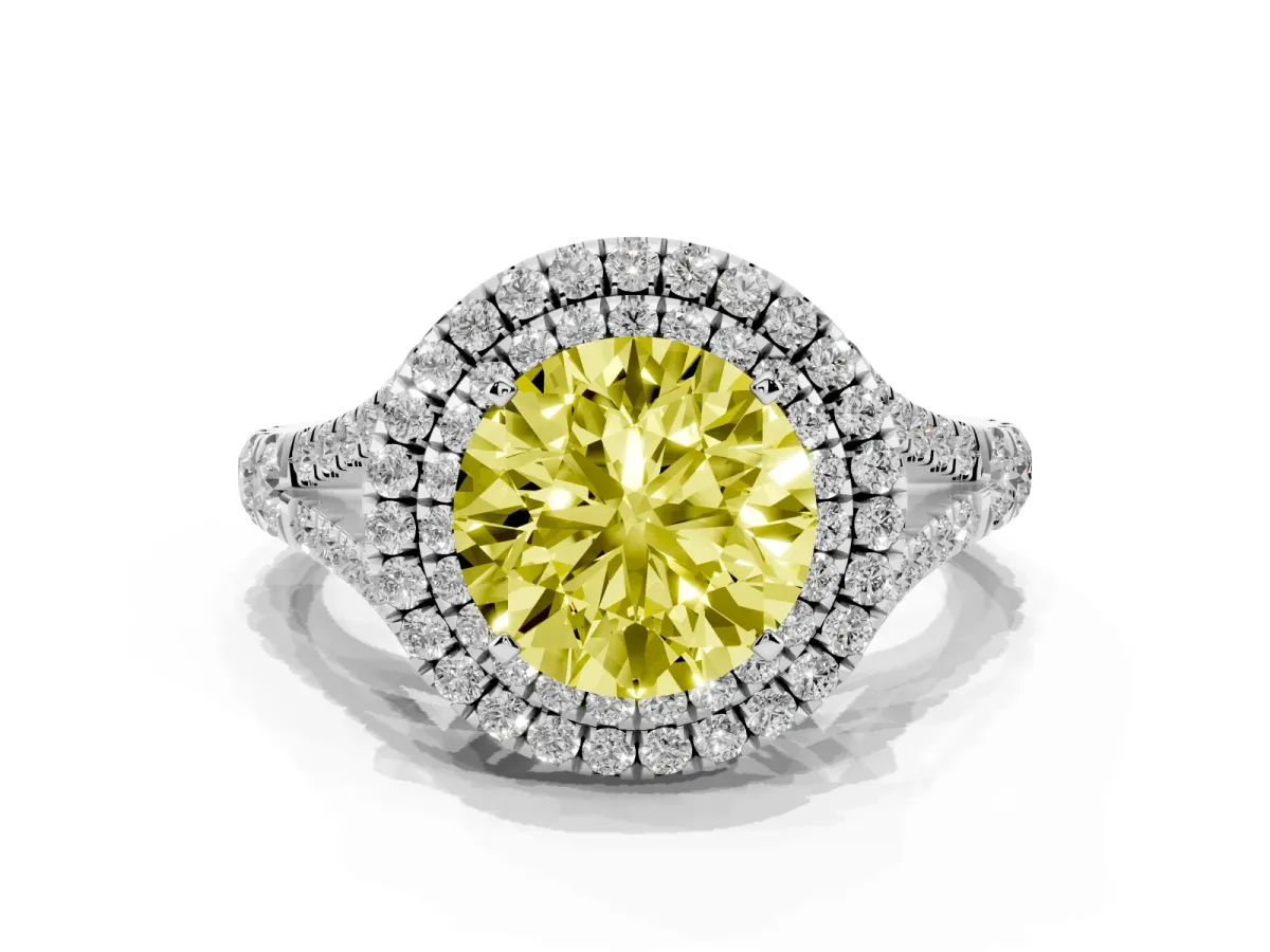 Fancy Yellow Round Cut Cut Double Halo Split Shank Diamond Ring with Prong Setting Silver