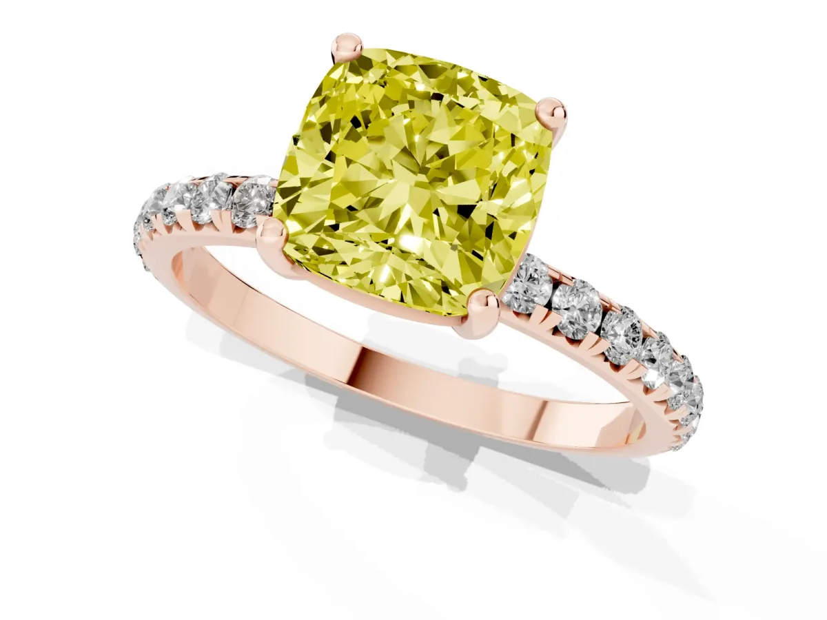 Fancy Yellow Cushion Cut Cut Diamond Solitaire Ring with Micro Pave Band and Four Prong Setting Rose gold