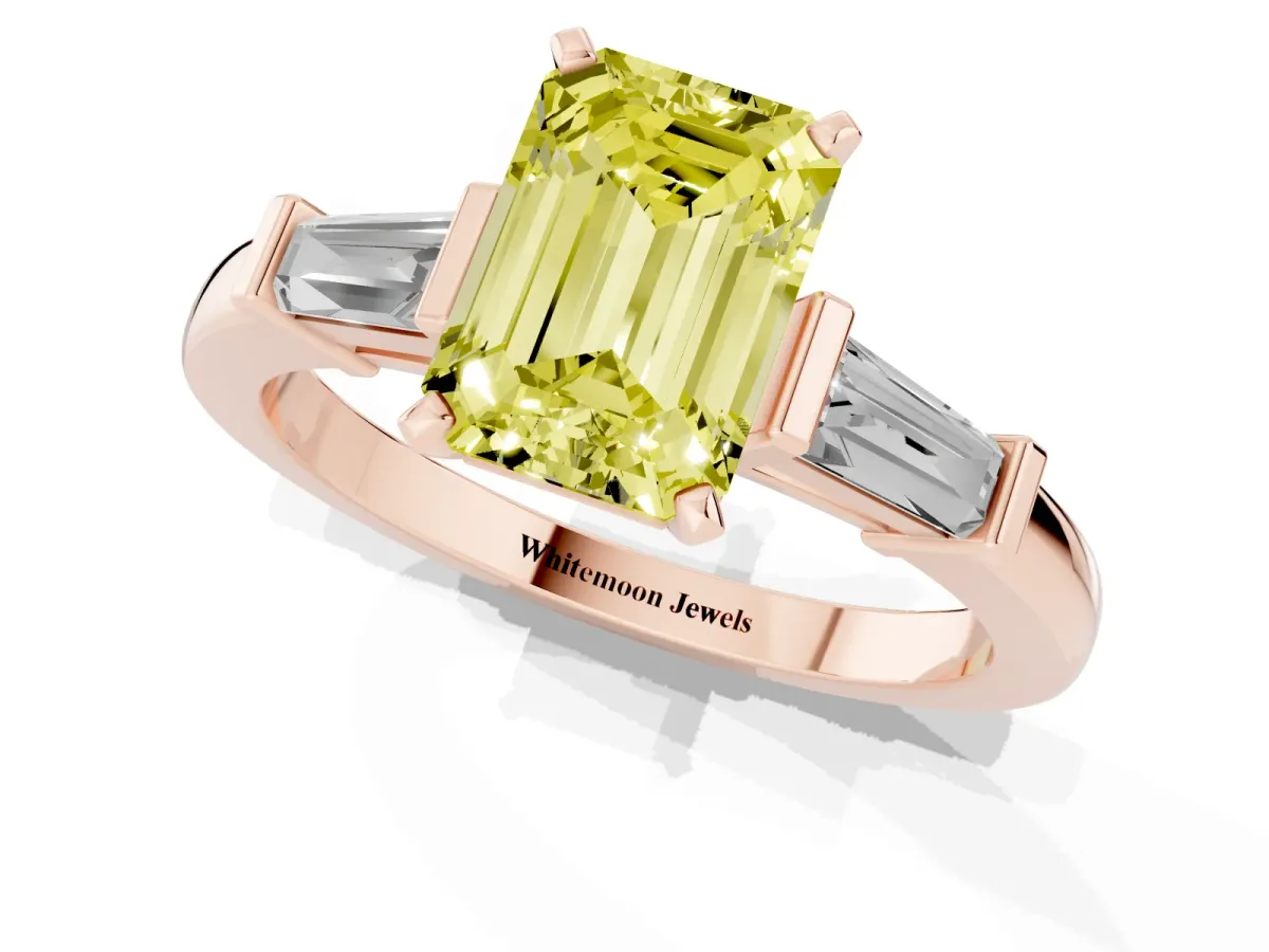 Fancy Yellow Emerald Cut Cut Diamond Solitaire Ring with Tapered Baguette Accents and Four-Prong Setting Rose gold