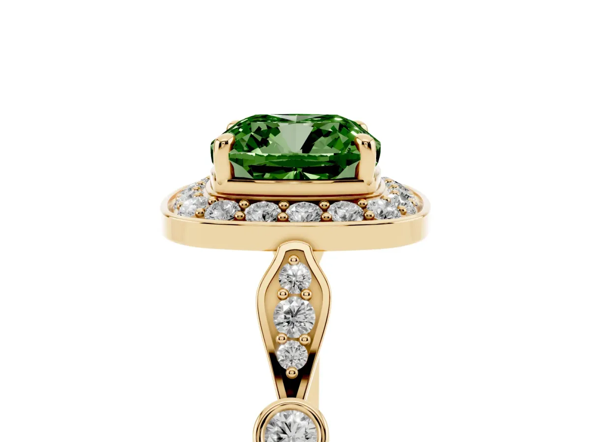 Fancy Green Cushion Cut Halo Diamond Engagement Ring with Twisted Band and Four-Prong Setting Yellow gold