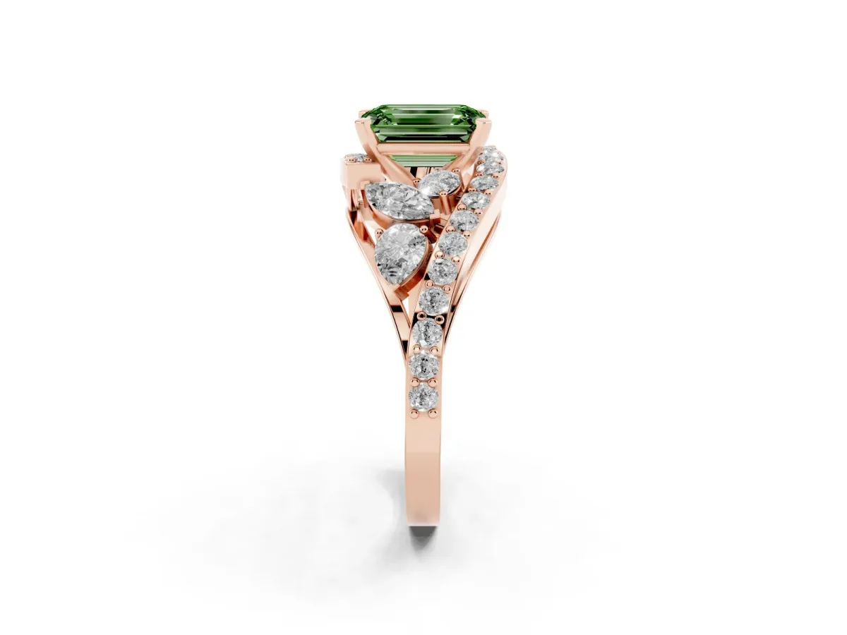 Fancy Green Emerald Cut Diamond Halo Ring with Marquise and Pavé Band in Prong Setting Rose gold