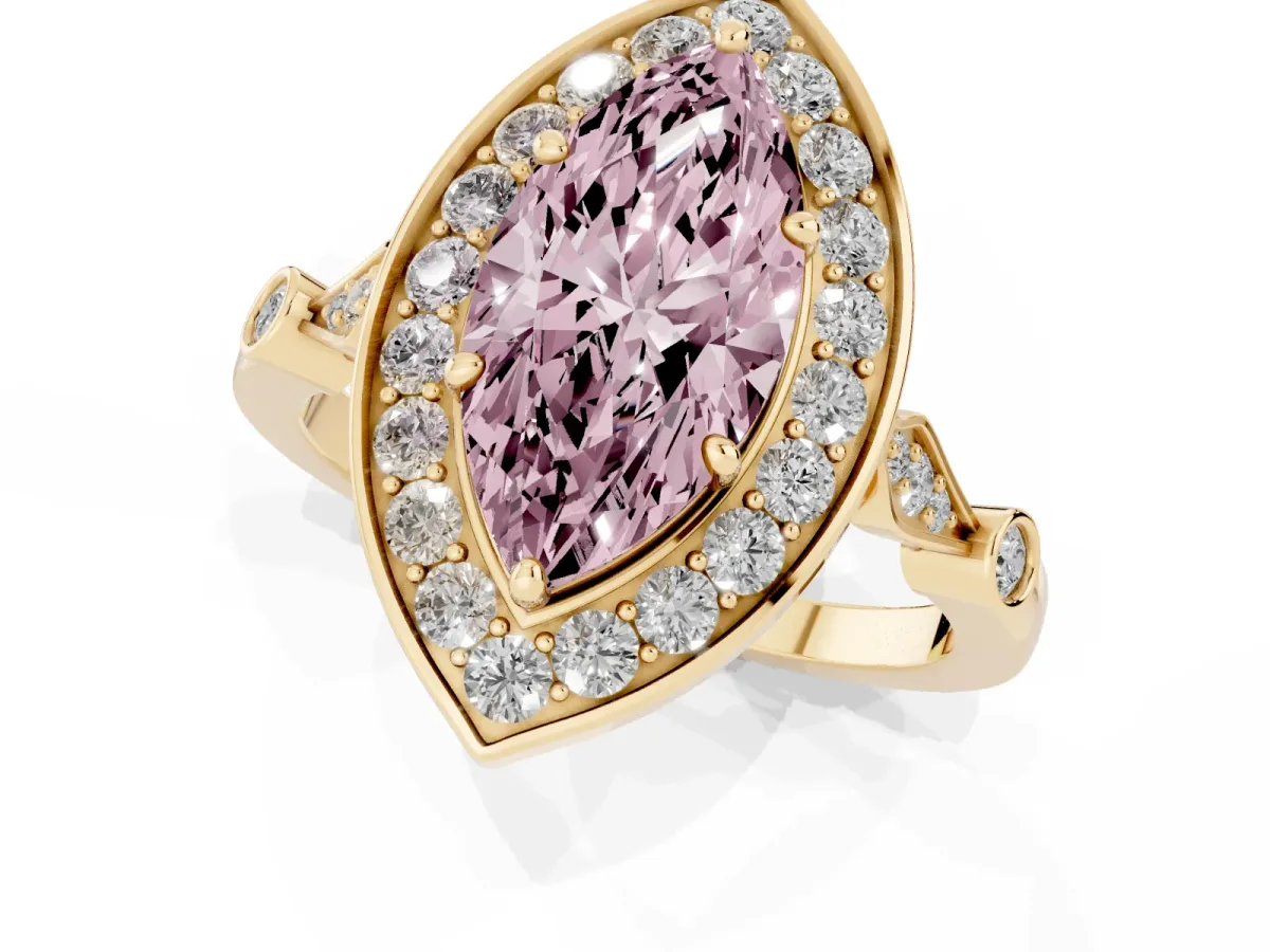 Fancy Pink Marquise Cut Halo Diamond Engagement Ring with Twisted Band and Four-Prong Setting Yellow gold