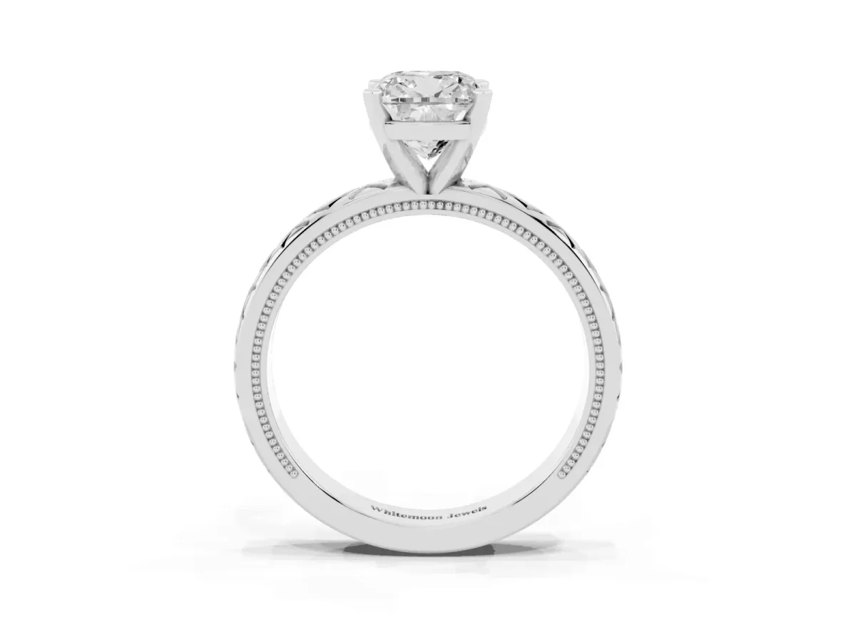 Cushion Cut Solitaire Diamond Ring with Milgrain and Black Enamel X Pattern Band Silver