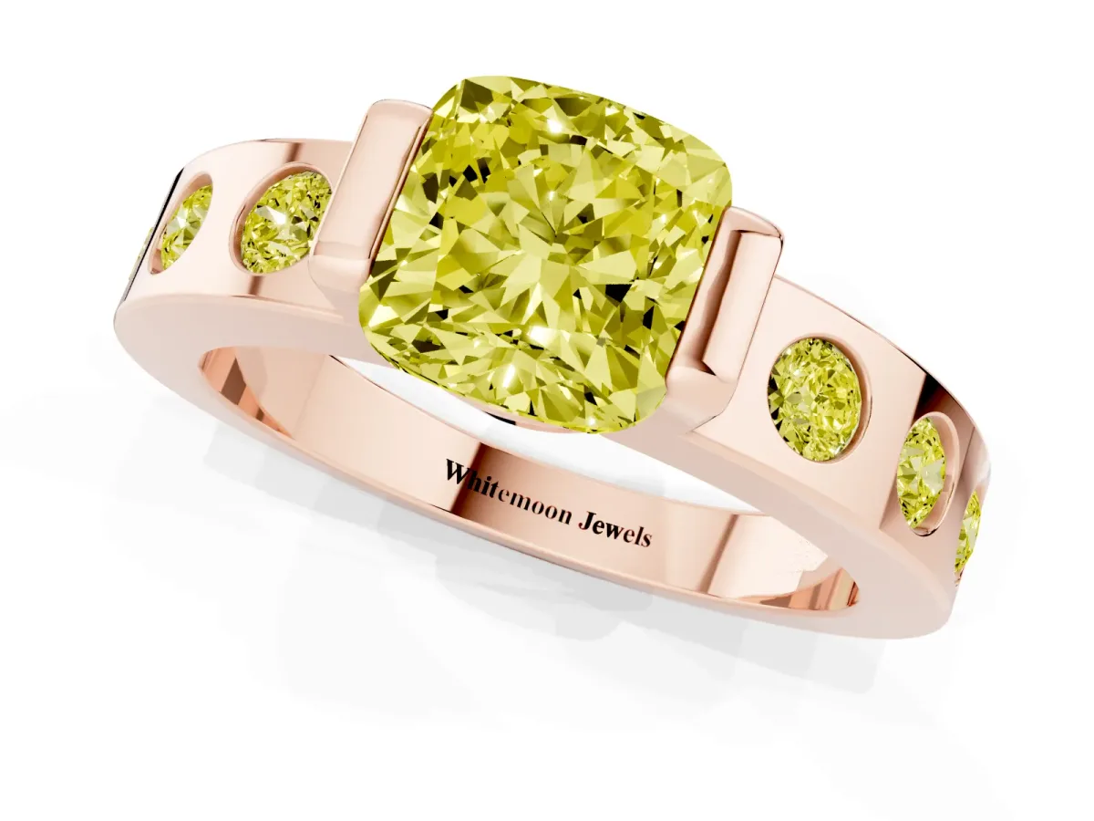 Fancy Yellow Cushion Cut Brilliant Channel-Set Diamond Ring with Bezel Prong Setting Rose gold
