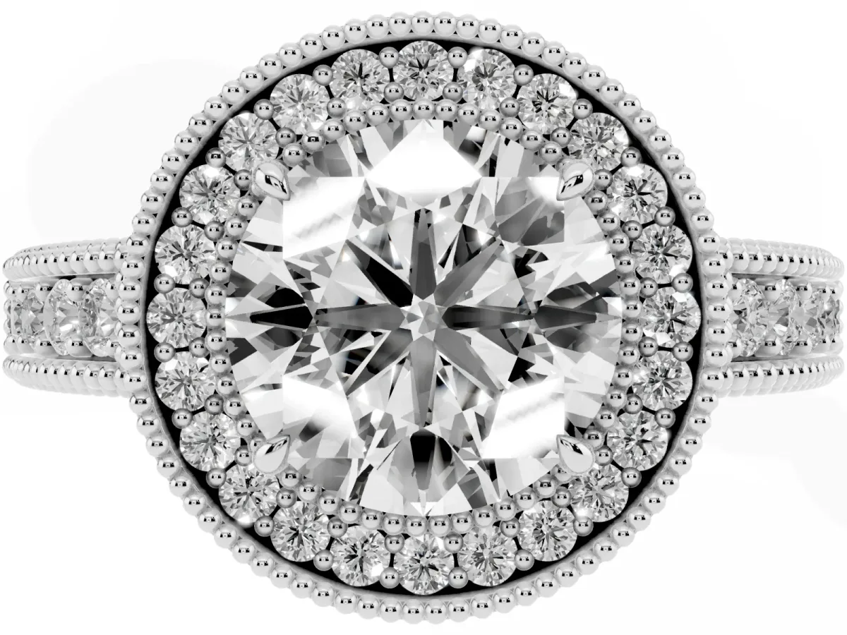 Round Cut Cut Halo Diamond Ring with Pavé Band and Four-Prong Setting Silver
