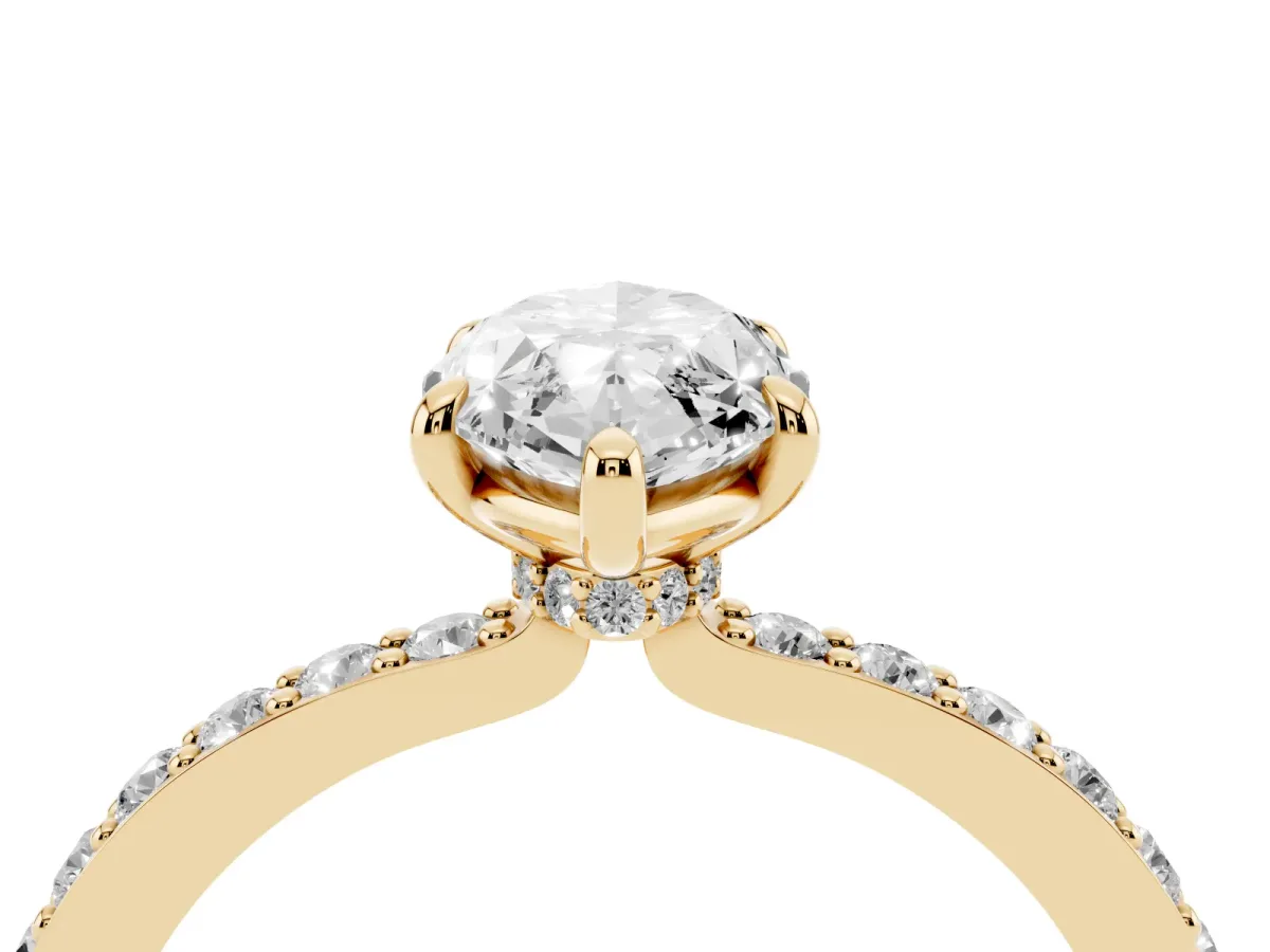 Marquise Cut Diamond Pavé Engagement Ring with Round Accents and Prong Setting Yellow gold