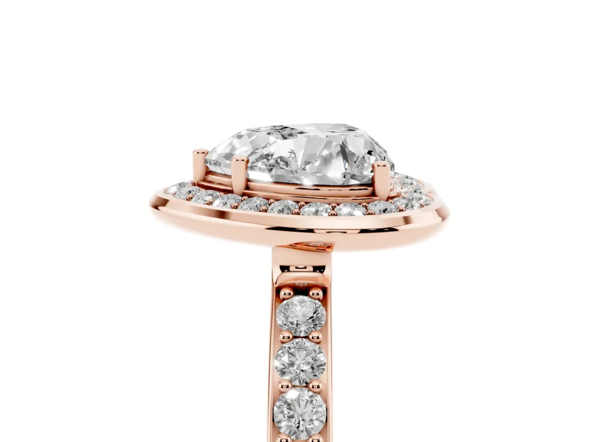 Heart Cut Diamond Halo Ring with Bezel Frame and Pavé Band Rose gold