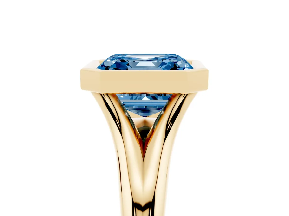 Fancy Blue Bezel Set Asscher Cut Solitaire Diamond Ring with Smooth Band Yellow gold