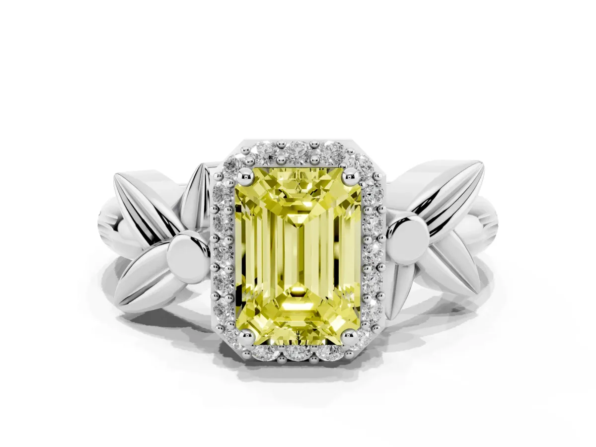 Fancy Yellow Emerald Cut Halo Diamond Floral Band with Four-Prong Setting Platinum