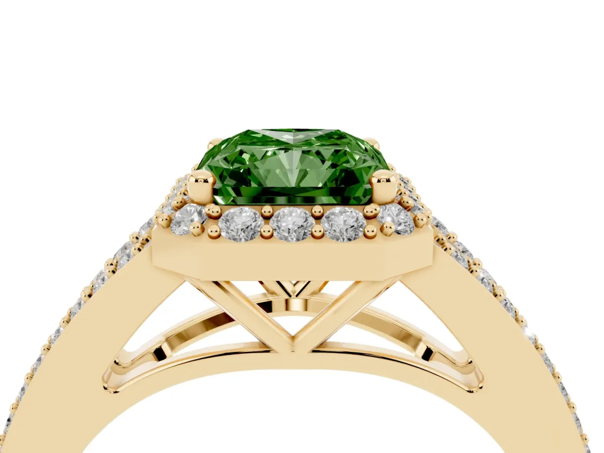 Fancy Green Radiant Cut Halo Split Shank Diamond Ring with Prong Setting Yellow gold