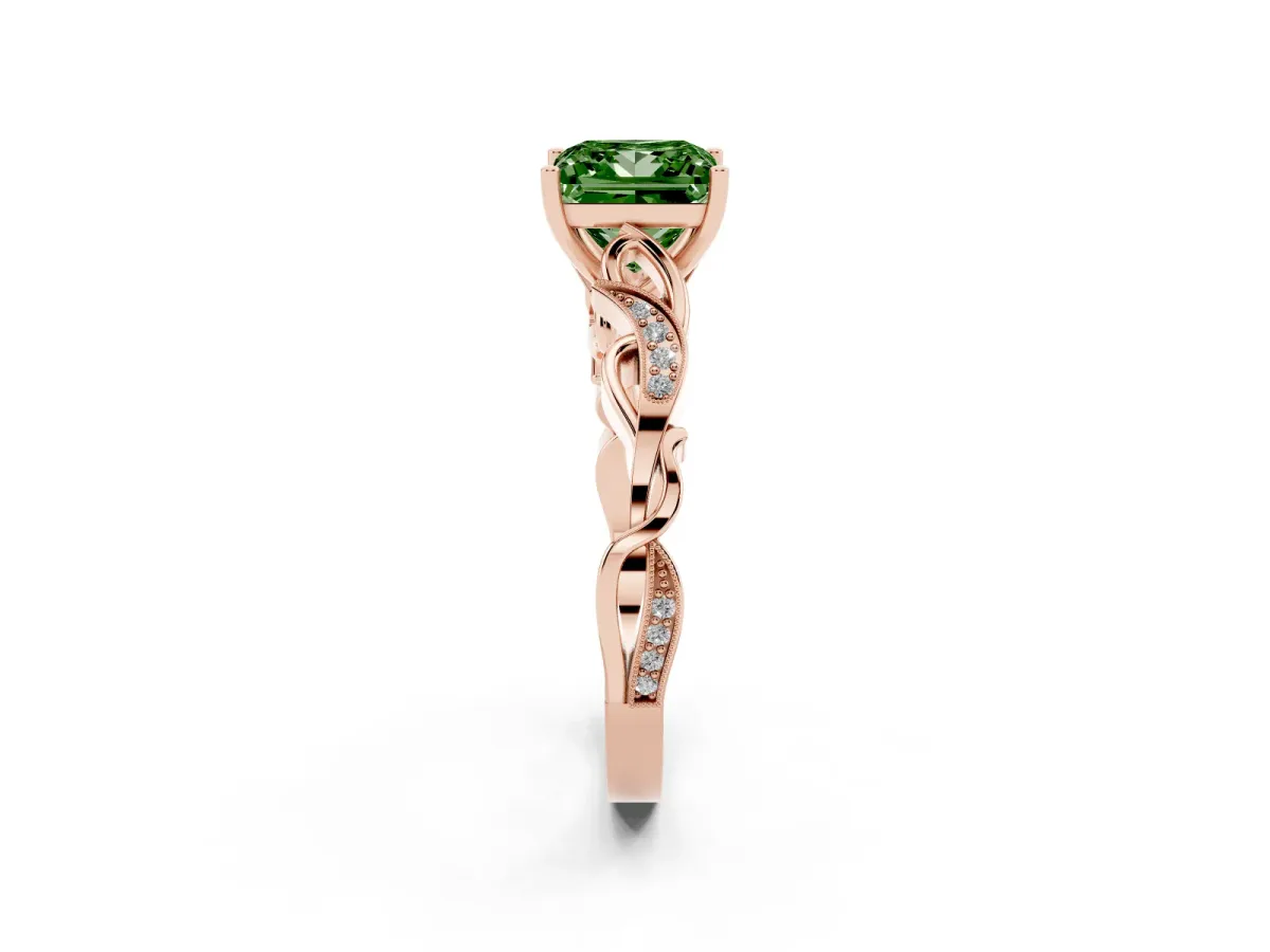 Fancy Green Princess Cut Solitaire Vine Band with Milgrain Prong Setting Rose gold