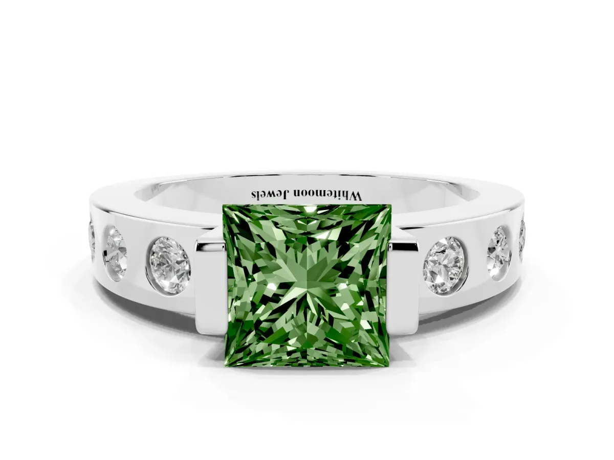 Fancy Green Princess Cut Brilliant Channel-Set Diamond Ring with Bezel Prong Setting Silver