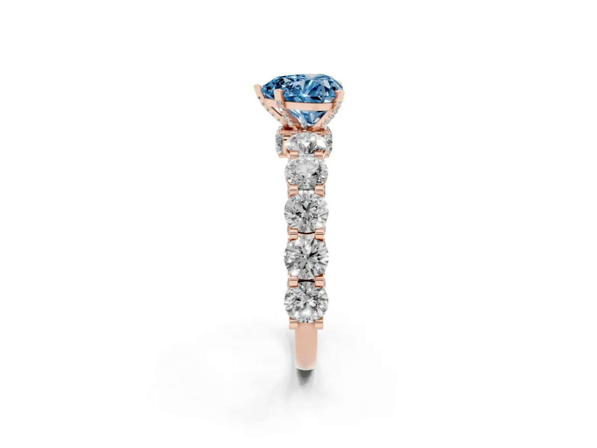 Fancy Blue Heart Cut Diamond Side Stone Engagement Ring with Four-Prong Setting Rose gold