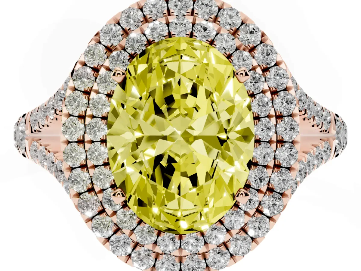 Fancy Yellow Double Halo Oval Cut Diamond Split Shank Engagement Ring with Four-Prong Setting Rose gold