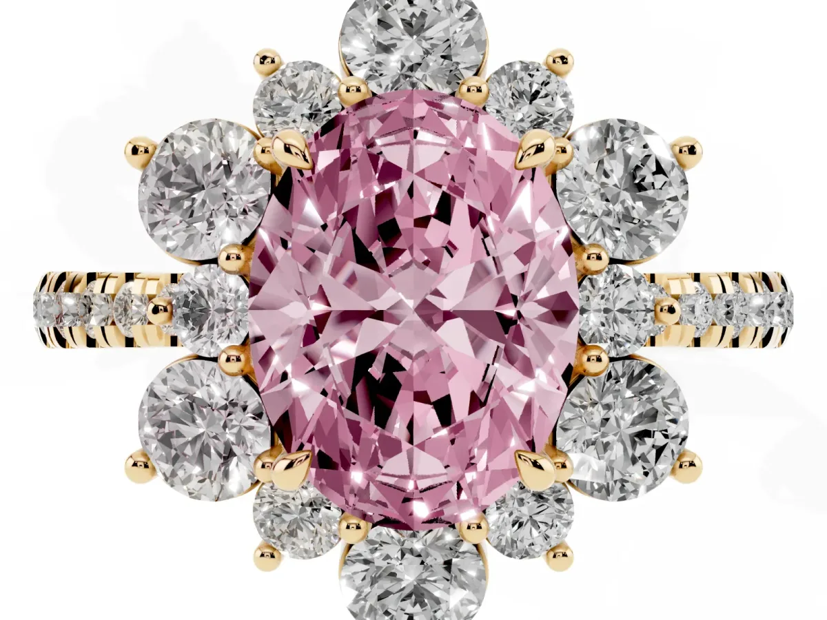 Fancy Pink Oval Cut Diamond Floral Halo Ring with Round Pavé Band and Prong Setting Yellow gold