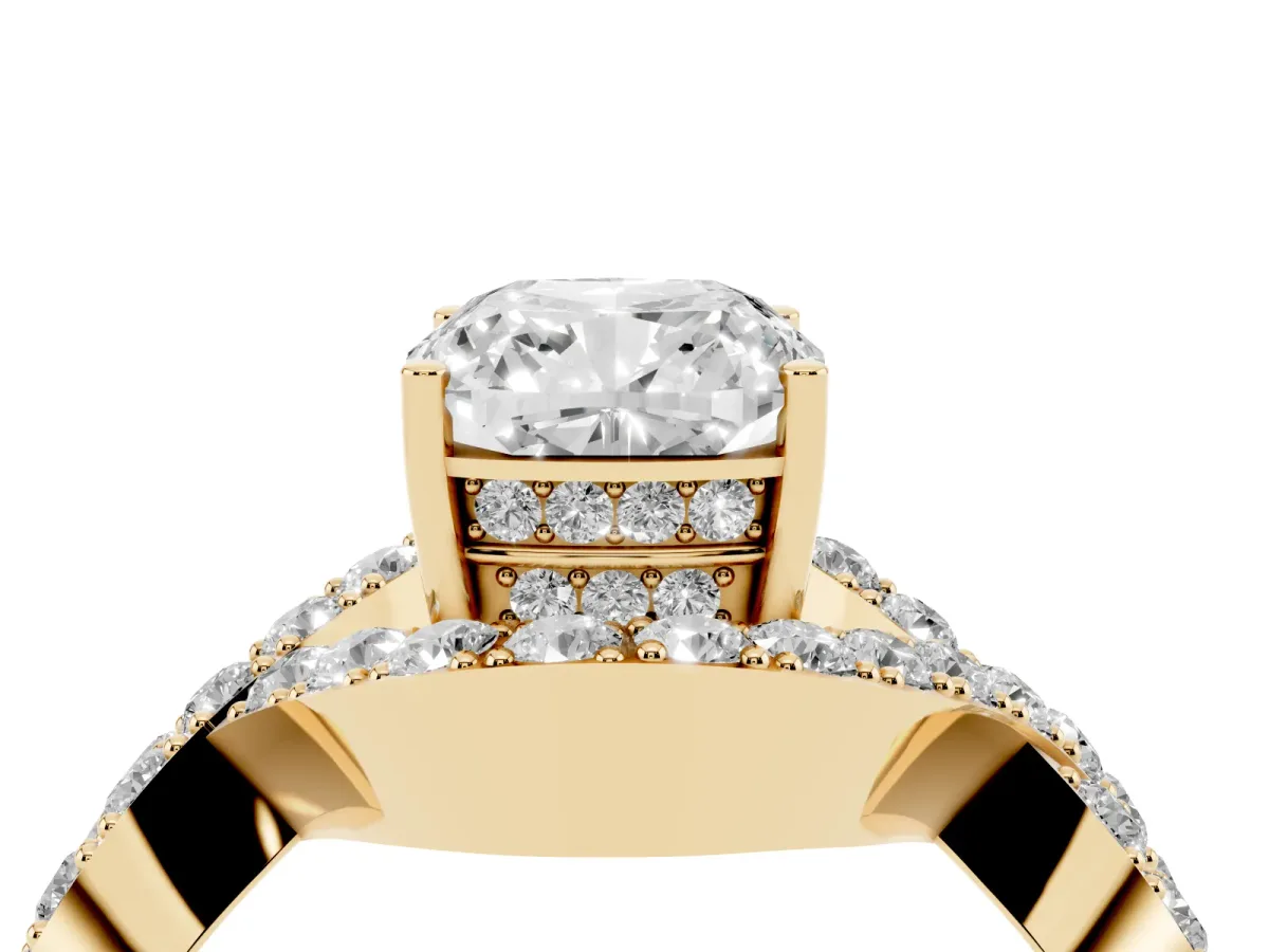 Cushion Cut Solitaire Twist Band Pavé Diamond Engagement Ring Yellow gold