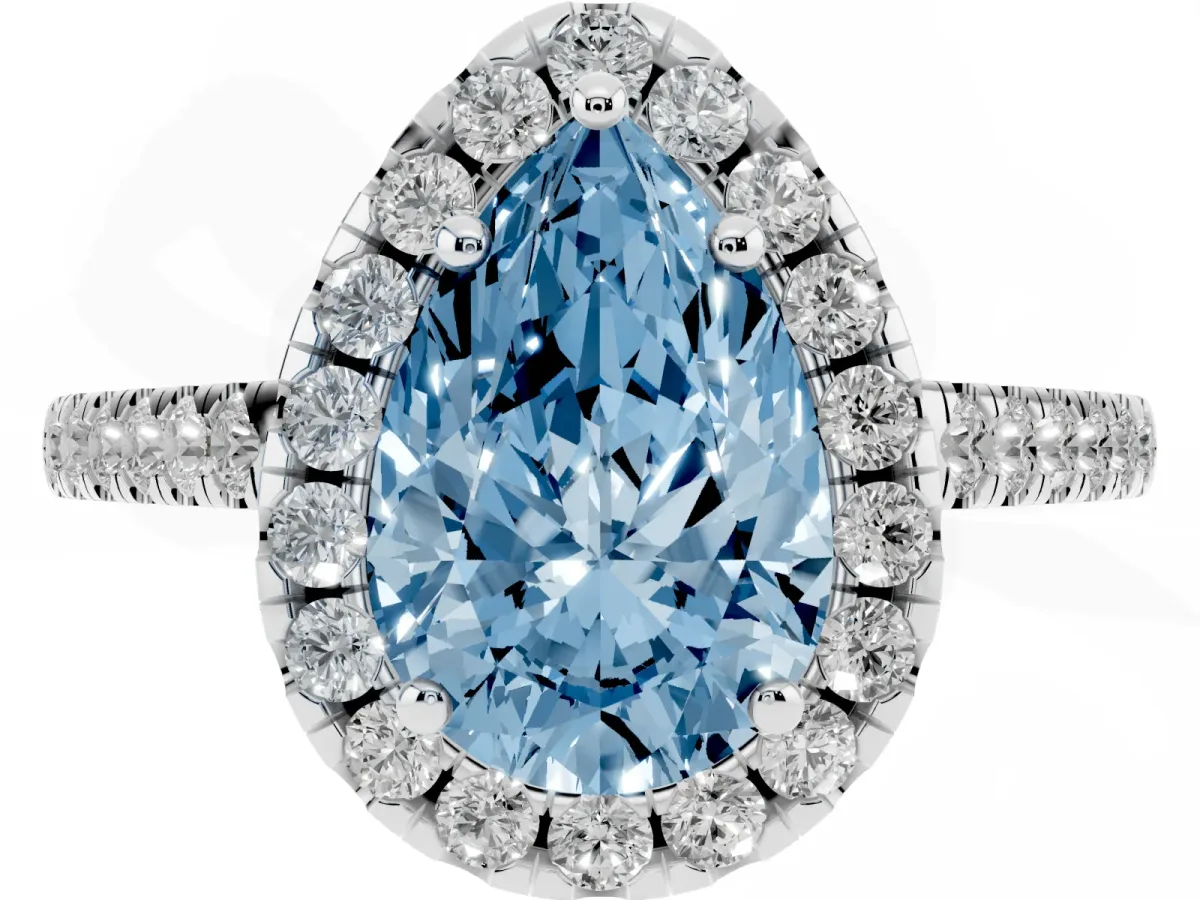 Fancy Blue Pear Cut Halo Pavé Diamond Engagement Ring with Four-Prong Setting Silver