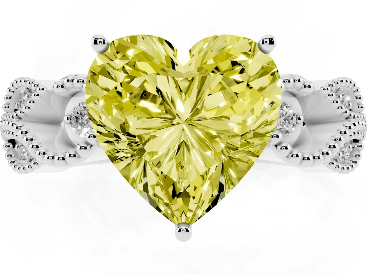 Fancy Yellow Heart Cut Solitaire Milgrain Leaf Band with Prong Setting White gold