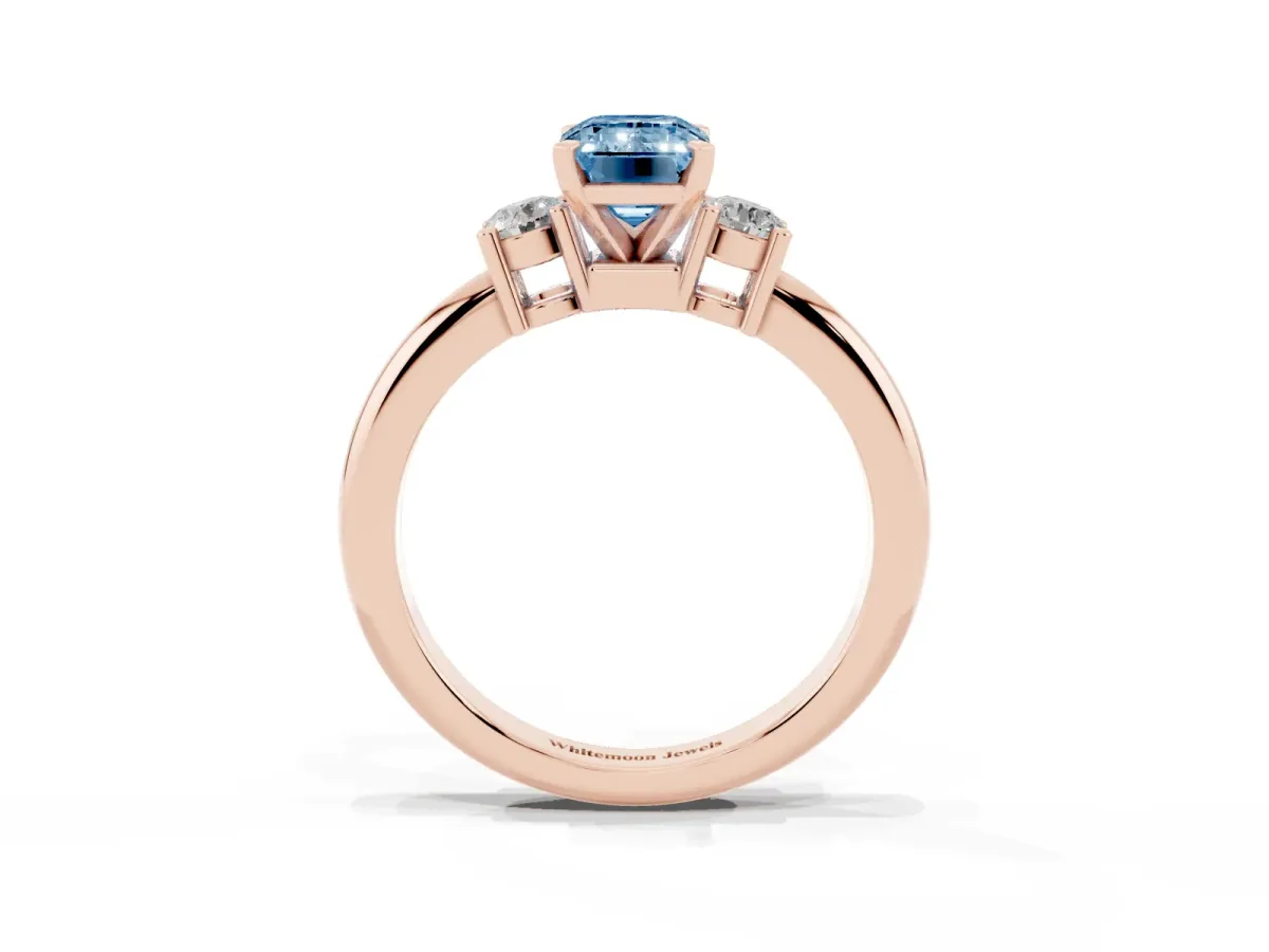 Fancy Blue Three-Stone Emerald Cut Cut Diamond Solitaire with Prong Setting and Classic Band Rose gold