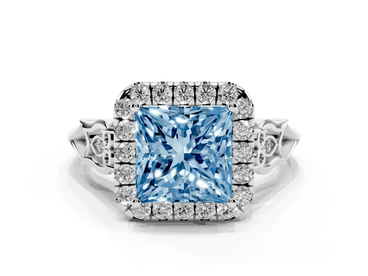 Fancy Blue Princess Cut Halo Diamond Engagement Ring with Filigree Band and Four-Prong Setting Silver