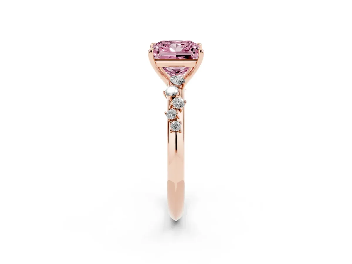 Fancy Pink Princess Cut Diamond Cluster Side Stone Solitaire Ring with Prong Setting Rose gold