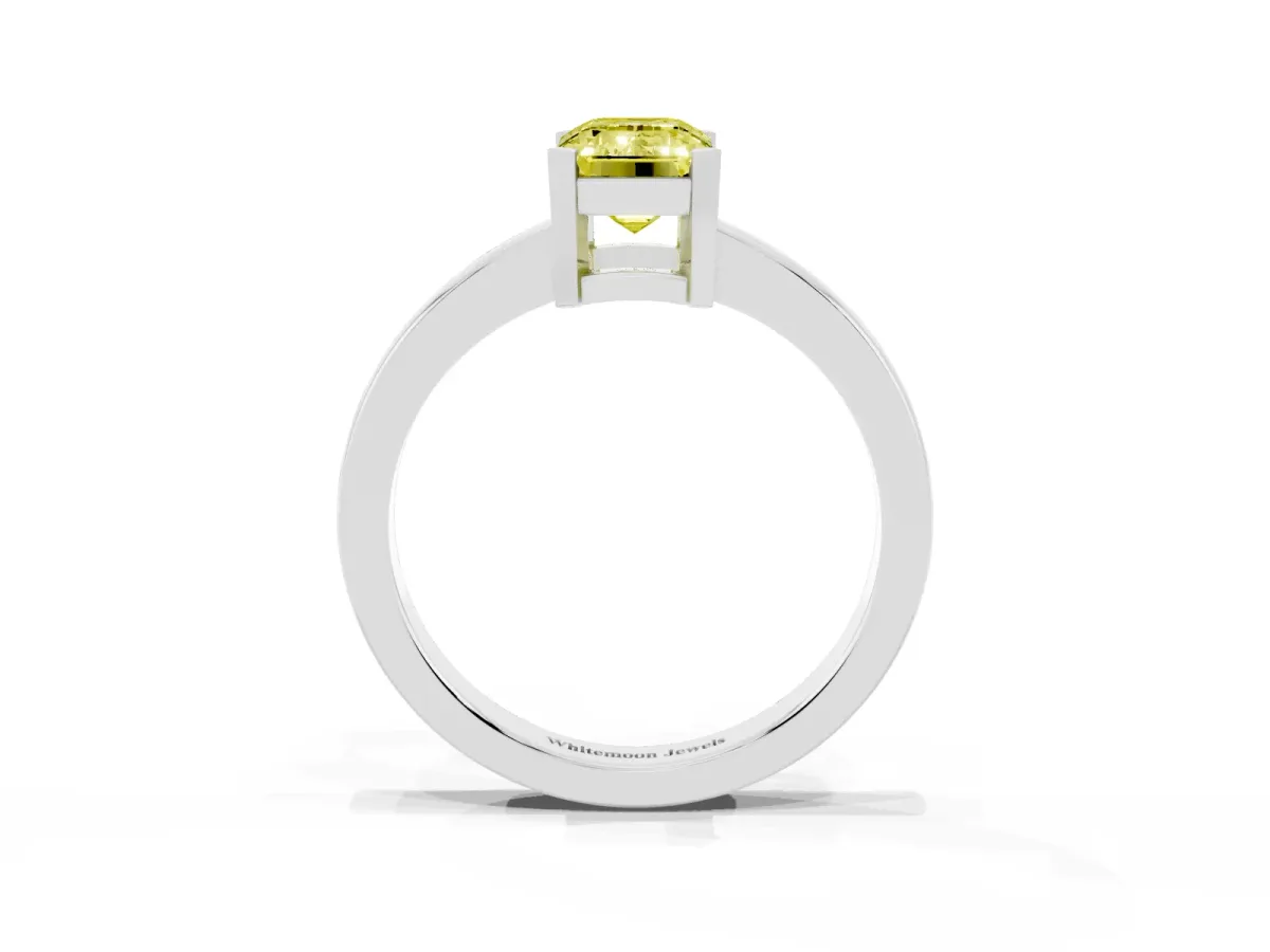 Fancy Yellow Emerald Cut Cut Solitaire Ring with Four-Prong Setting and Classic Band Silver