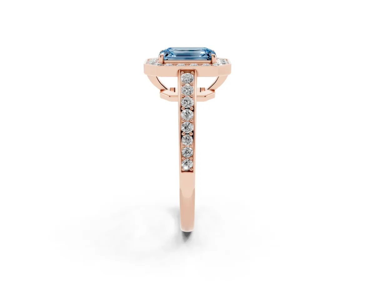 Fancy Blue Emerald Cut Halo Pavé Diamond Engagement Ring with Bezel Setting Rose gold