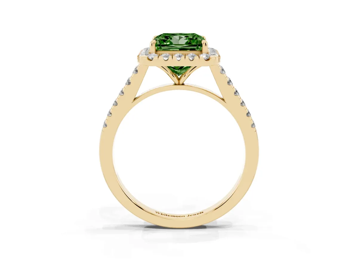 Fancy Green Princess Cut Halo Pave Diamond Engagement Ring with Four-Prong Setting Yellow gold