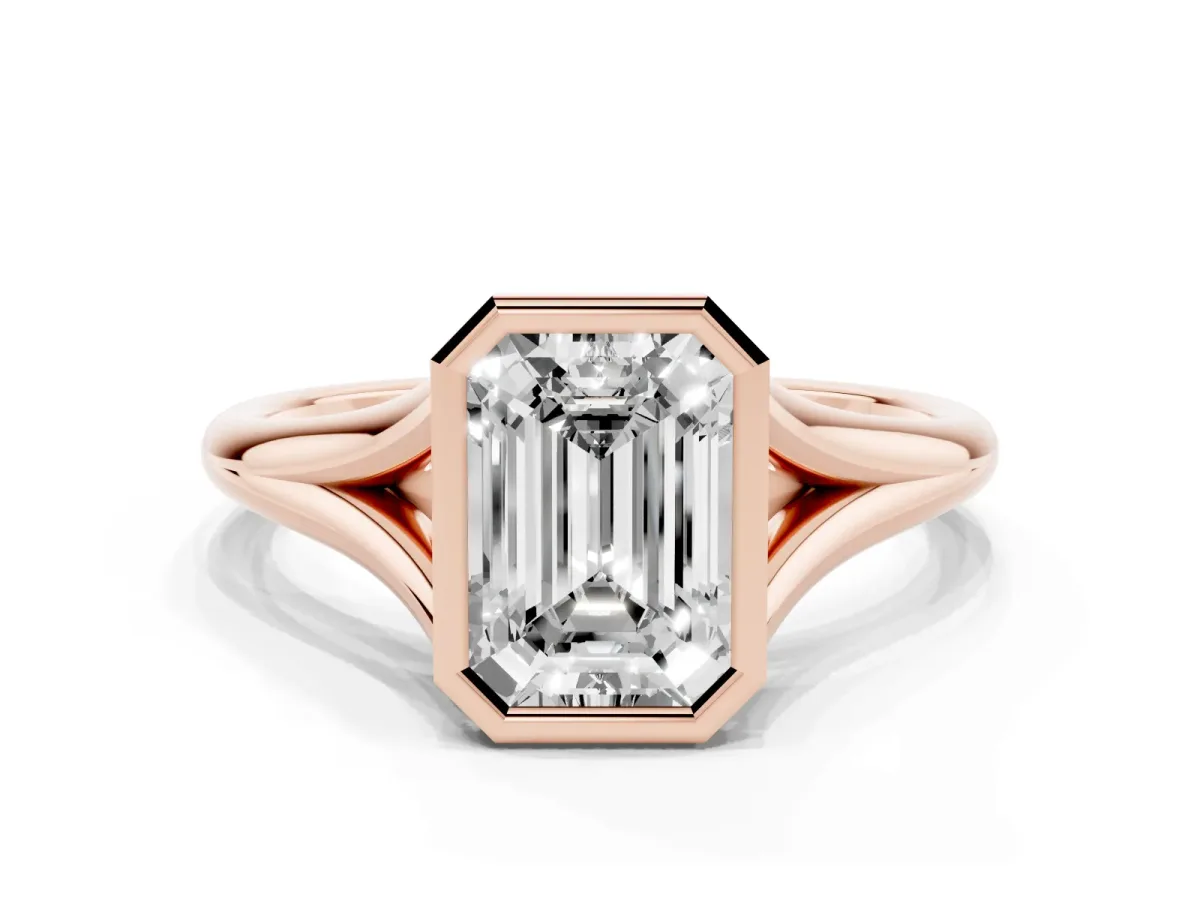 Bezel Set Emerald Cut Cut Solitaire Ring with Tapered Band Rose gold
