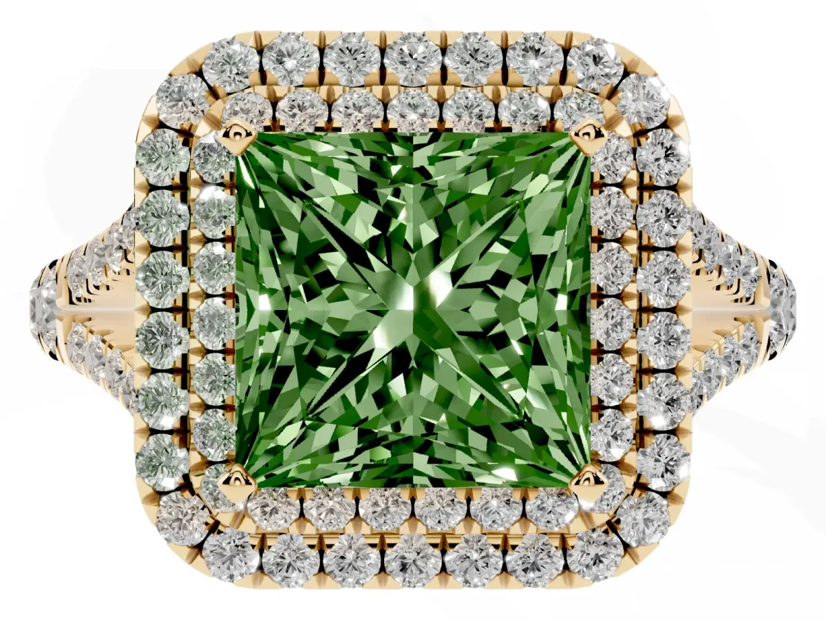 Fancy Green Princess Cut Cut Double Halo Split Shank Diamond Ring with Prong Setting Yellow gold