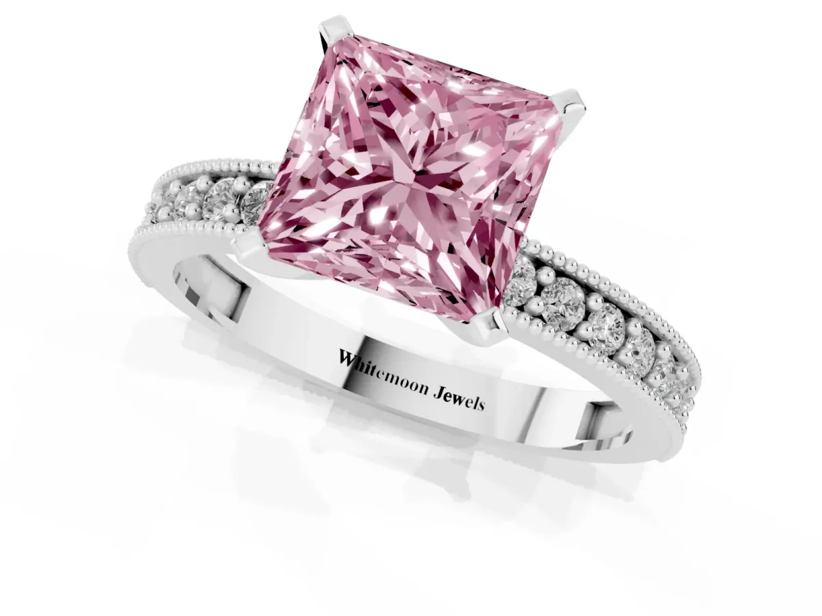 Fancy Pink Princess Cut Diamond Milgrain Pavé Engagement Ring with Four-Prong Setting Silver