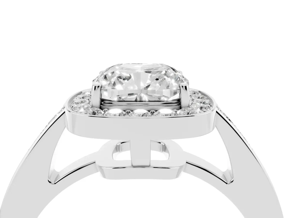 Cushion Cut Halo Pavé Diamond Engagement Ring with Bezel Setting Silver
