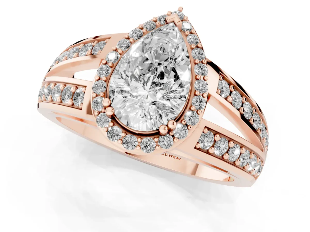 Pear Cut Diamond Halo Ring with Split Shank Pavé Band and Four-Prong Setting Rose gold
