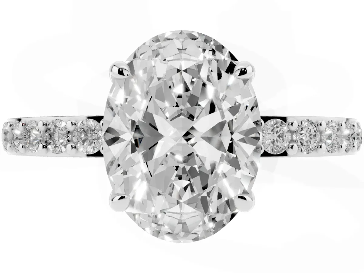 Oval Cut Diamond Pavé Engagement Ring with Round Accents and Prong Setting Silver
