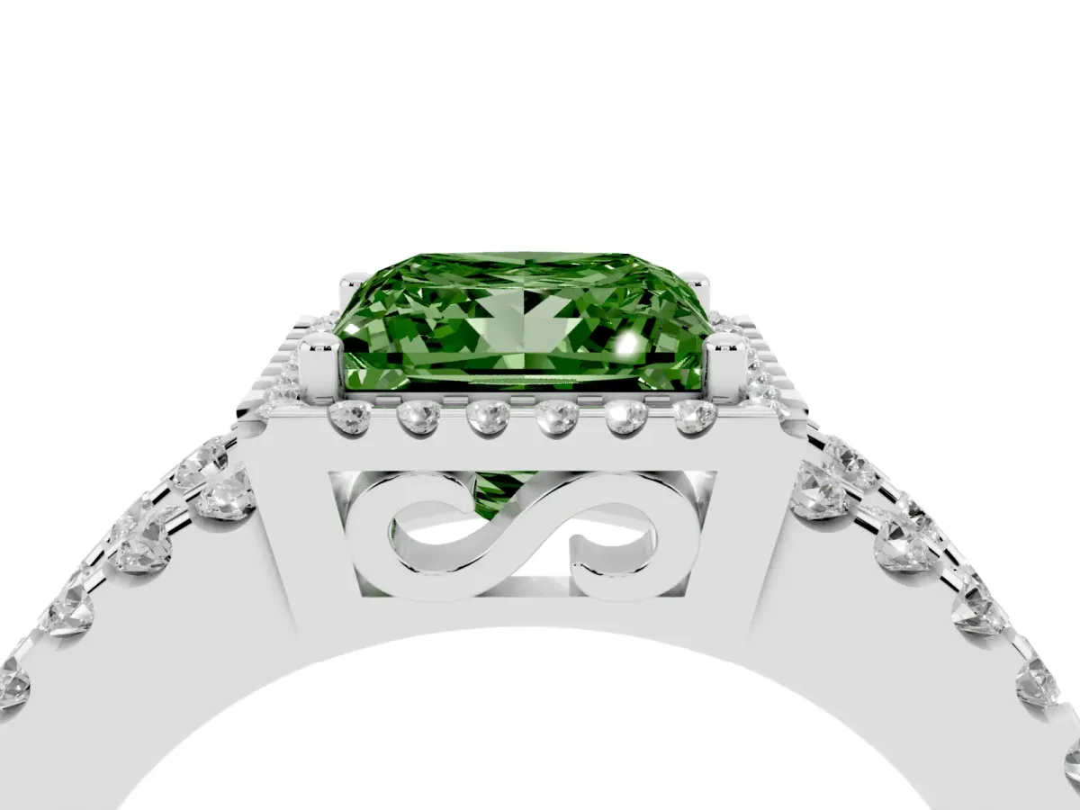 Fancy Green Princess Cut Cut Halo Split Shank Diamond Ring with Four-Prong Setting Platinum
