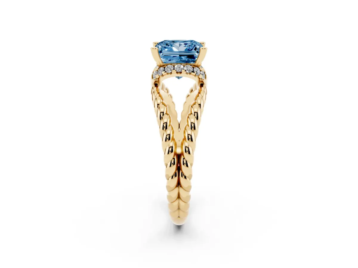 Fancy Blue Princess Cut Halo Twisted Band Four-Prong Ring Yellow gold