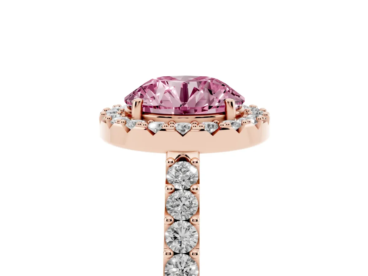 Fancy Pink Round Cut Halo Diamond Pavé Solitaire Ring Rose gold