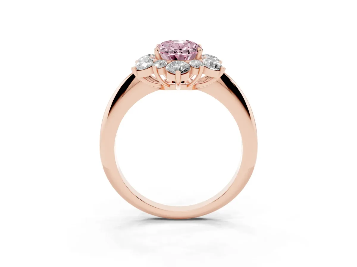 Fancy Pink Oval Cut Diamond Cluster Halo Ring with Solitaire Band and Four-Prong Setting Rose gold