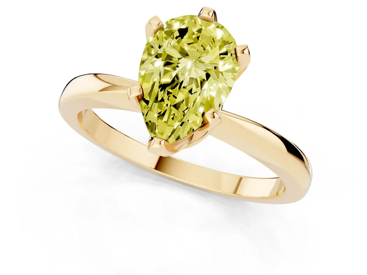Fancy Yellow Pear Cut Solitaire Engagement Ring with Six-Prong Setting and Tapered Band Yellow gold