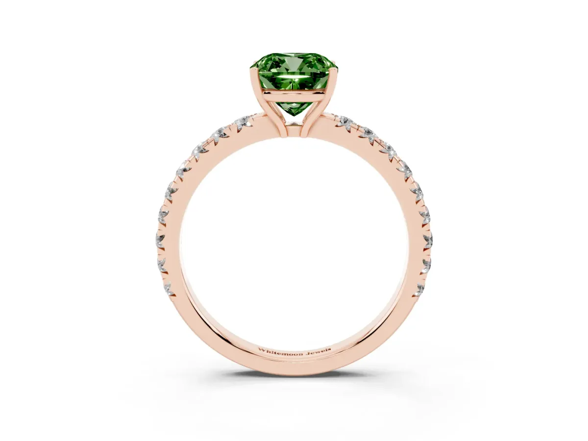 Fancy Green Cushion Cut Diamond Pavé Solitaire Engagement Ring with Four-Prong Setting Rose gold