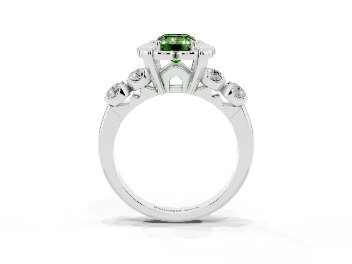 Fancy Green Emerald Cut Cut Diamond Floral Halo Engagement Ring with Shared Prong Setting Silver