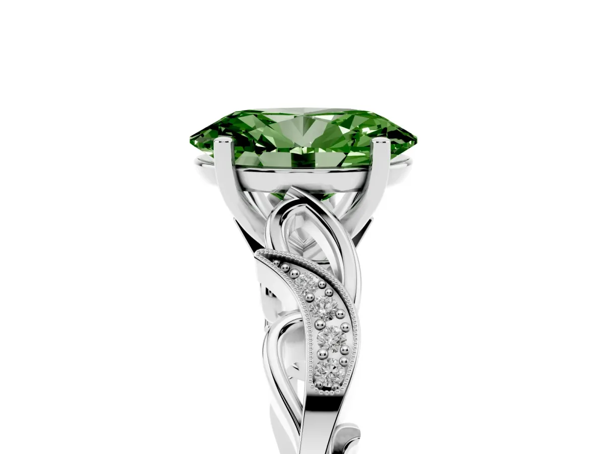 Fancy Green Oval Cut Solitaire Vine Band with Milgrain Prong Setting Silver