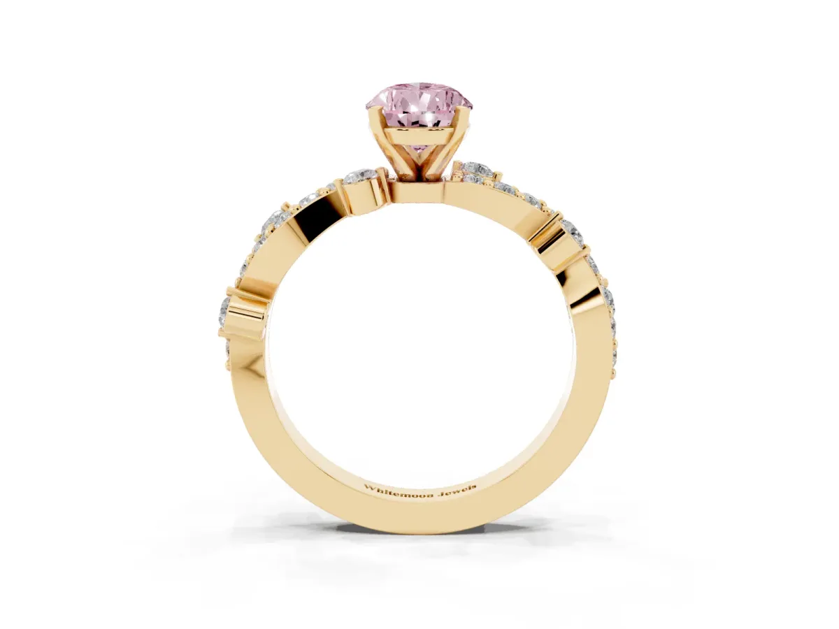Fancy Pink Pear Cut Cut Solitaire Diamond Twisted Band with Pave Setting Yellow gold